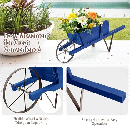 Wooden Wagon Planter, 27.5"x10.5"x11.5" Wheelbarrow Cart Plant Pot with Halloween Decoration & Mental Supports, Single Wheel Movable Garden Flower Cart Planter for Yard, Backyard (Blue)