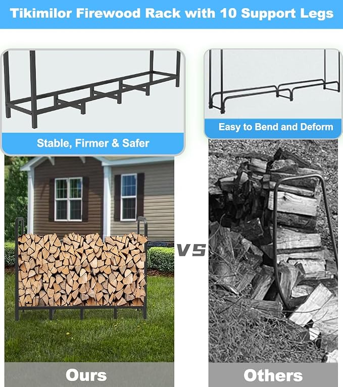 5.3ft Firewood Rack Holder, Adjustable Heavy Duty Fire Log Stacker Stand for Fireplace, Outdoor Indoor Metal Wood Pile Storage Organizer, Patio Logs Stand tool, Black