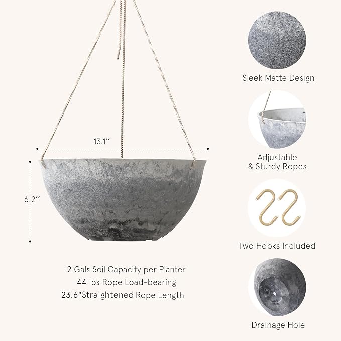 LA JOLIE MUSE Large Hanging Planters for Indoor Outdoor Plants, Hanging Flower Pots Marble Pattern (13.2 Inch,Set of 2)