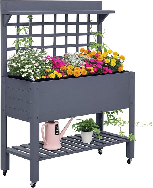 Outsunny 41" Raised Garden Bed with Trellis on Wheels, Wooden Elevated Planter Box with Legs and Bed Liner, for Flowers, Herbs & Vegetables, Gray