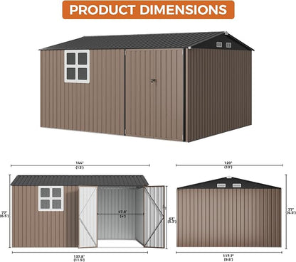 IRONCK 10x12 FT Storage Shed with Clear Window, Outdoor Tool Shed with Lockable Doors and Breathable Ventilation, Metal Garden Storage with 9.8x11.5 FT Base for Generators/Bikes/Wheelbarrows, Brown