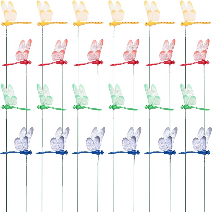 VGOODALL 24 PCS Dragonfly Garden Stakes, Plastic Garden Decorations | 4 Colors Dragonfly Ornaments for Indoor, Outdoor Yard