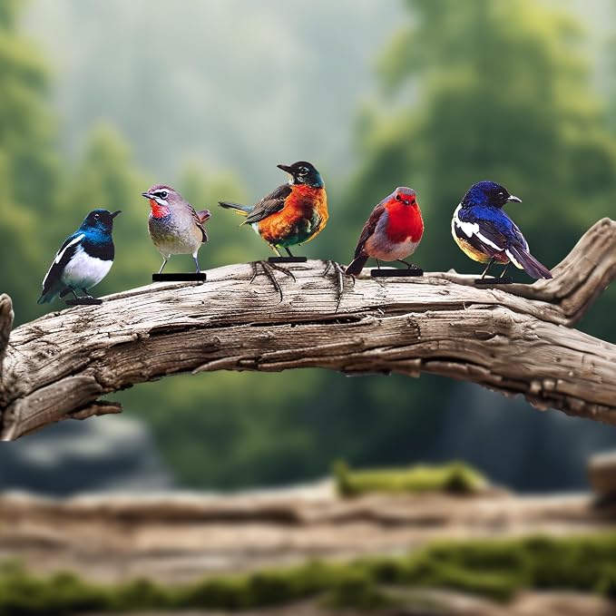 HUYIENO 5PCS Vivid Metal Birds Fence Decor 2D Dual Side Color Painted Outdoor Garden Natural Bird Sculptures for Outdoor Fences, Patio, Garden and Bird Lovers