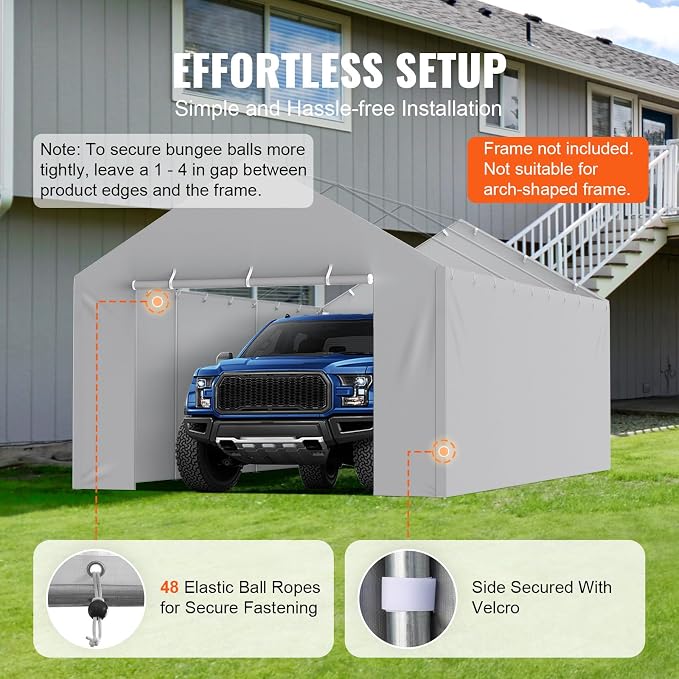 VEVOR Carport Replacement Canopy Cover Side Wall 12 x 20 ft, Garage Tent Shelter Tarp Heavy-Duty Waterproof & UV Protected, Easy Installation with Ball Bungees,Grey (Top and Frame Not Included)