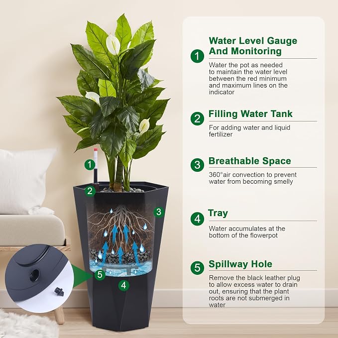 IDEALHOUSE 22.5" Tall Planters, Self-Watering Planters with Water Level Monitor and Drainage Hole, Large Outdoor Planters for Living Room, Bedroom Office, Patio, Porch, Garden, Set of 2