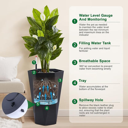 IDEALHOUSE 22.5" Tall Planters, Self-Watering Planters with Water Level Monitor and Drainage Hole, Large Outdoor Planters for Living Room, Bedroom Office, Patio, Porch, Garden, Set of 2
