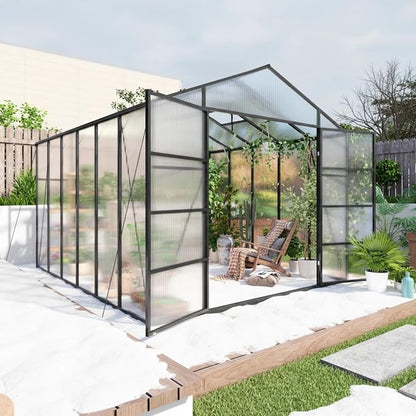 10x12 FT Greenhouse, Walk-in Heavy Duty Polycarbonate Outdoor Greenhouses with Raised Base & Anchor, Height-Enhanced Aluminum Frame & Drainage System for Backyard All Season Growing, Black