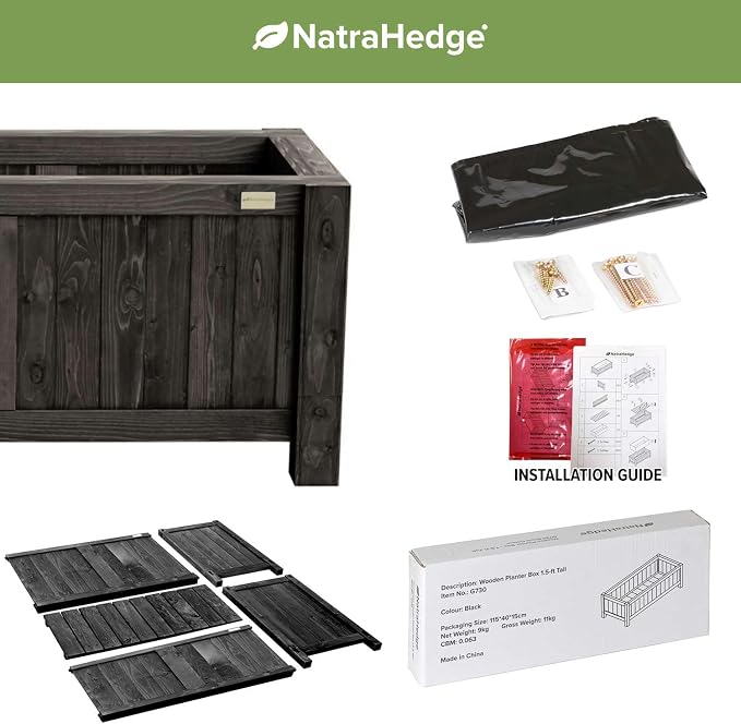 NatraHedge (44" Lx 15" W x 15" H (Black) Hampton Classic Wooden Planter Box Indoor and Outdoor Rectangular Garden Planter Use for Patio, Yard, Greenhouse, Vegatable, Flowers, and Herb | (Black) Indoor and Outdoor Rectangular Garden Use for Patio Yard G...