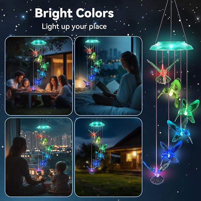 Wind Chimes,Hummingbird Solar Wind Chimes for Outside, Memorial Wind Bell for Garden/Patio Mobile Decorative Thanksgiving Gifts for Mom, Wife, Grandma Neighbors(Green 28")