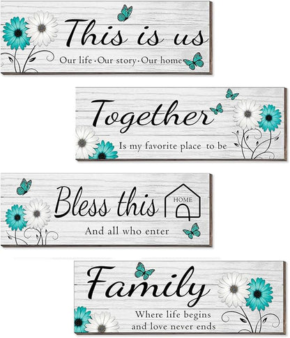 4 Pcs White Farmhouse Wall Decor with Teal Butterflies & Daisies, Rustic Wooden Signs Set, Floral Wall Art for Living Room Bedroom, Housewarming Gift, 4.7" x 13.8"