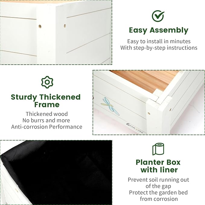 Raised Garden Bed for Kids - 30”L*18”W*13”H Elevated Wooden Planter Box Stand, Backyard, Patio, Balcony w/Bed Liner, 180lb Capacity (Green)