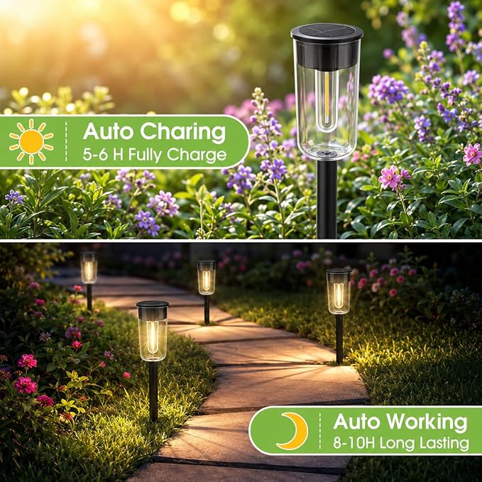 Qualdout 8 Pack Solar Pathway Lights Outdoor, Warm White Solar Garden Lights, IP65 Waterproof Solar Powered Landscape Lights with Auto On/Off, Clear Lens Path Lights for Walkway Yard Patio Driveway