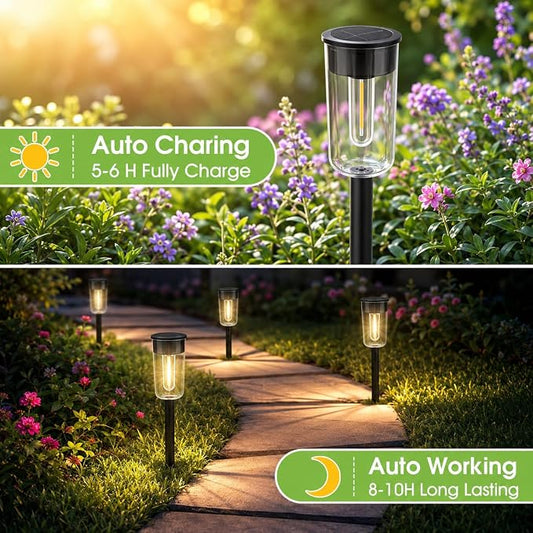 Qualdout 8 Pack Solar Pathway Lights Outdoor, Warm White Solar Garden Lights, IP65 Waterproof Solar Powered Landscape Lights with Auto On/Off, Clear Lens Path Lights for Walkway Yard Patio Driveway
