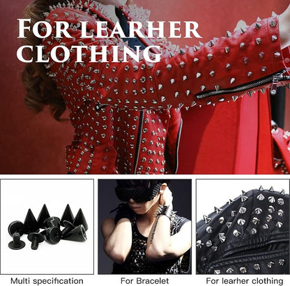 200 Sets 9.5mm Cone Spikes Metal Tree Spikes Screwback Studs for DIY Leathercraft Decoration Punk Rock Style Clothing Accessories (Black)