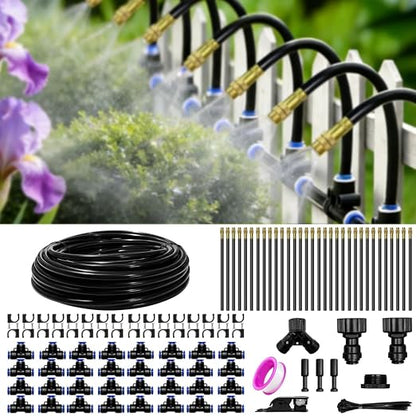 100 Ft Drip Irrigation System for Garden - Drip Irrigation Kit with 32 360°Adjustable Copper Nozzles Hose, Automatic Atomizing Plant Watering Sprinkler System for Yard, Lawn, Greenhouse, Potted
