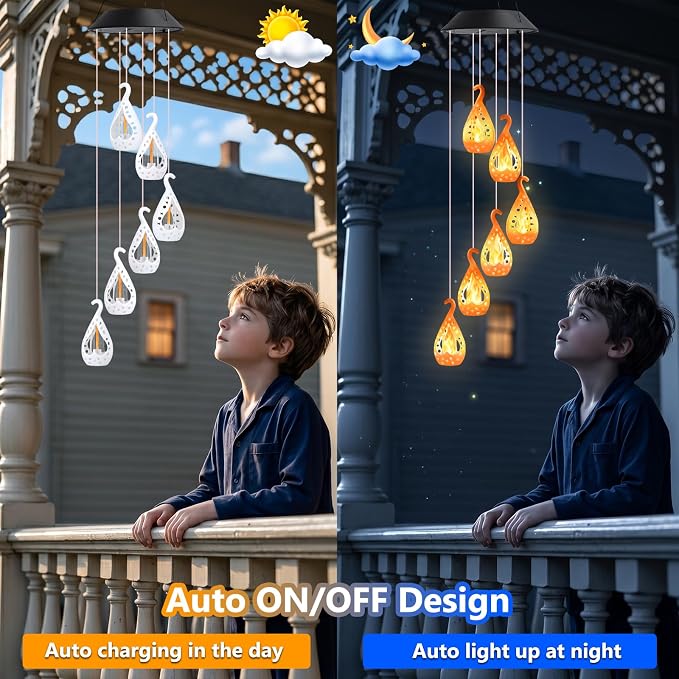 Toodour Solar Wind Chime, Flame Wind Chimes Karez, LED Decorative Mobile, Gifts for Mom Grandma, Waterproof Outdoor Decorative Lights for Garden, Patio, Yard, Window Decor（Warm White）