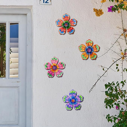 Giyyomtr Metal Flowers Wall Decor - 4pcs Metal Wall Art Hanging Decorations for Outdoor Fence Garden Yard Patio Decor