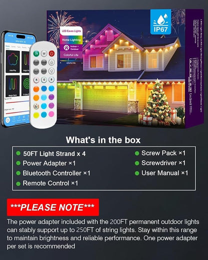 Permanent Outdoor Lights for House,200ft RGB+IC Lights with 16 Million Colors & 50 Scene Modes, App/Remote Control, IP67 Waterproof, DIY Music Sync, for Christmas, Holiday & Party Decor