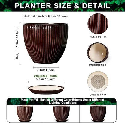 6 Inch Planter, Ceramic Plant Pots Indoor with Drainage Hole and Saucer, Round Flower Orchid Pots for Indoor Plants, Succulent Pot, Small Modern Planter, Bathroom Decor, Brown