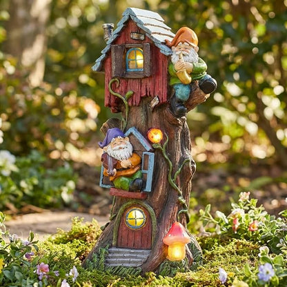 TERESA'S COLLECTIONS 11" Tall Large Garden Statues Gnome Treehouse with Solar Outdoor Light, Dad Gifts for Men,Resin Garden Decor Lawn Ornaments for Patio Yard Decor Gifts for Mom