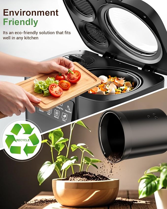 Electric Composter for Kitchen, 4L Indoor Odorless Compost Bin with 2 Carbon Filters, Upgraded Brushless Motor, Auto-Clean, LED Display, Visible Window, Smart Countertop Food Waste Composting Machine