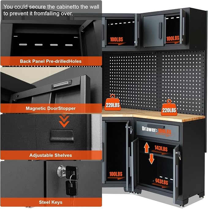 Garage Storage Cabinet System 8-Pcs Garage Cabinets and Storage System Corner Workshop Set with Corner Cabinet, Cabinet Drawers, Workbench, Pegboard for Tool Organization, Black and Grey