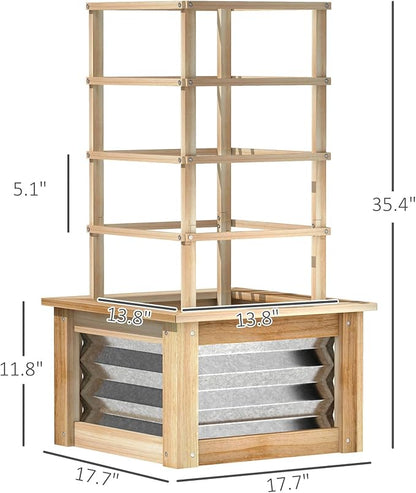 Outsunny Raised Garden Bed with Trellis, Wooden Planter Box with Galvanized Steel Sides, Raised Flower Bed for Climbing Plants, Flowers, Fruits and Vegetables, Natural Wood