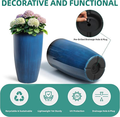 Autodaya 23.8" Tall Planters Set of 2, Large Plastic Plant Pots with Artistic Floating Cobalt Blue Glaze, UV-Resistant Lightweight PP Flower Pots for Outdoor Indoor Plants, Garden, Patio, Deck, Porch | Artistic Floating Cobalt Blue Glaze, Lightweight U...
