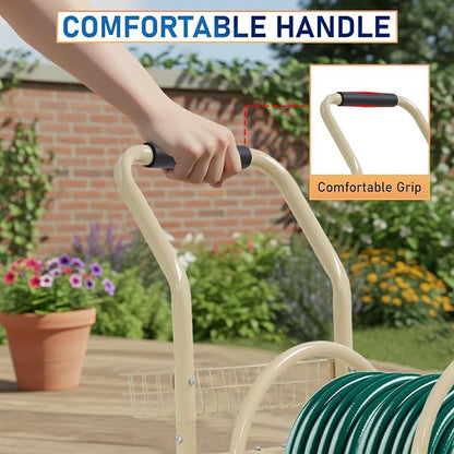 FDW Garden Hose Reel Cart, Water Hose Cart with 4 Wheels, Hold Up to 300 ft of 5/8’’ Hose，Heavy Duty Powder-Coated Steel Planting with Storage Basket, for Garden, Yard and Lawn