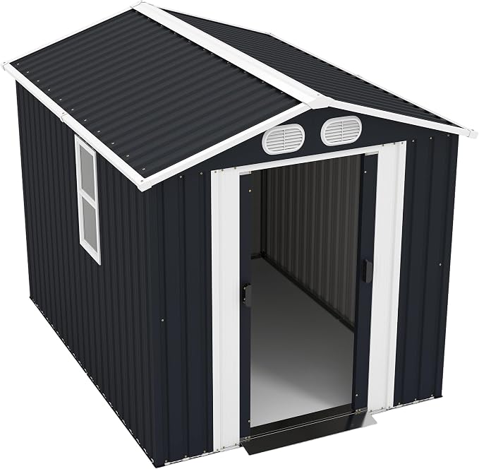 YOPTO 8x6 FT Outdoor Storage Shed, Metal Tool Shed with Window, Lockable Doors & Air Vents, for Backyard Garden Patio,Lawn,Dark Gray