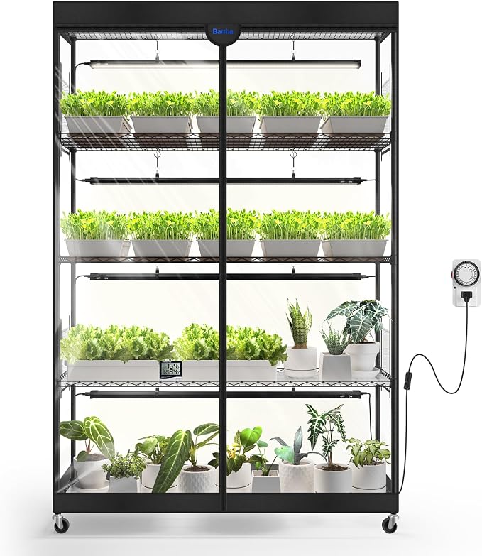 Barrina LP1200 Indoor Greenhouse with Grow Light, 5-Tier, 200W TX-S50 3.2FT 5000K, Full Spectrum Plant Shelf with Tent Timer & Thermometer for Seed Starting, 47.2 x 13.8 x 70.9IN