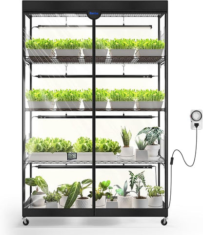 Barrina LP1200 Indoor Greenhouse with Grow Light, 5-Tier, 200W TX-S50 3.2FT 5000K, Full Spectrum Plant Shelf with Tent Timer & Thermometer for Seed Starting, 47.2 x 13.8 x 70.9IN