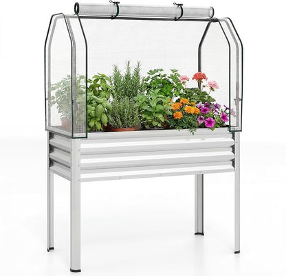 Giantex Raised Garden Bed with Legs & Greenhouse Cover, 44x22x60 Elevated Metal Planter Box with Roll-up Door, Outdoor Mini Greenhouse for Vegetable Flower Herb Patio Balcony (Silver,1)