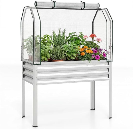 Giantex Raised Garden Bed with Legs & Greenhouse Cover, 44x22x60 Elevated Metal Planter Box with Roll-up Door, Outdoor Mini Greenhouse for Vegetable Flower Herb Patio Balcony (Silver,1)