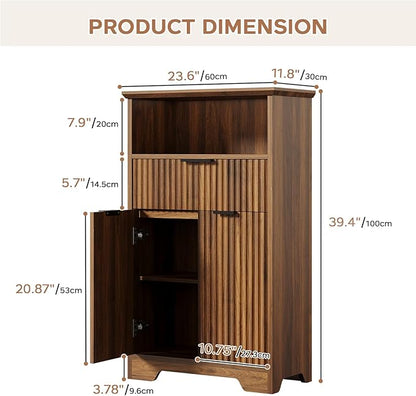 Fluted Buffet Cabinet with Storage, Modern Coffee Bar Cabinet with Drawer & Adjustable Shelf, Wood Sideboard Cabinet for Kitchen, Bathroom, Entryway and Living Room Walnut