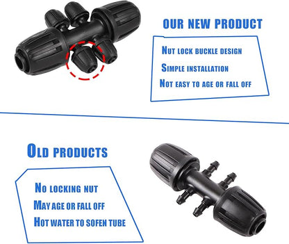 1/2 Inch to 1/4 Inch Tubing Irrigation Fittings for (1/2'' ID x 0.60''-0.63'' OD) 16mm Drip Tubing,Locked Barbed Tee Connectors (10 Pcs Barbed Tee 6-Way)