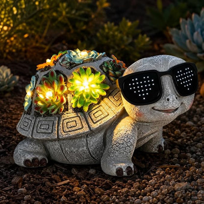 Unique Solar Garden Turtle Statue with I Love You LED Sunglasses and Succulent LED Lights, Lawn Decor Tortoise Figurine for Patio, Balcony Yard Ornament for Mom, Women & Grandma