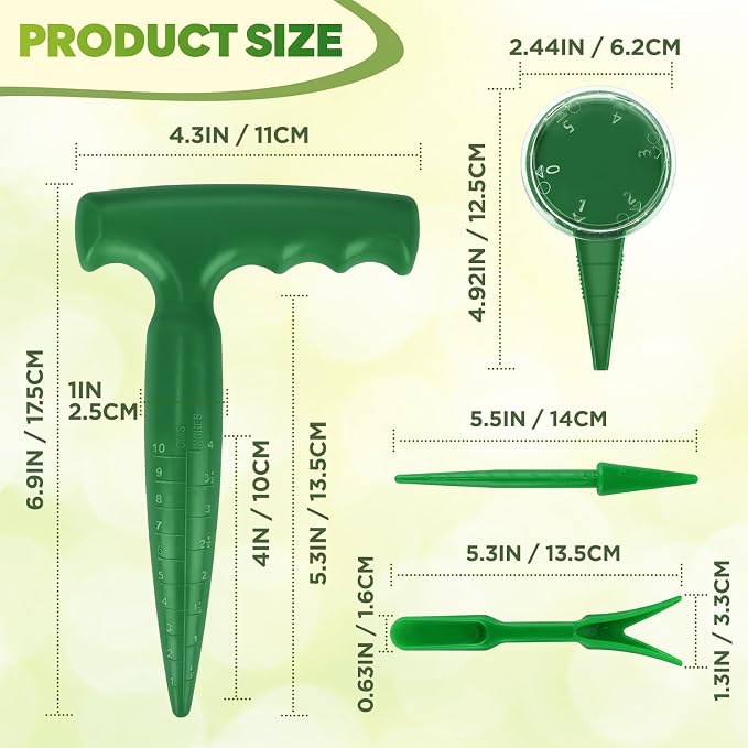 4 PCS Seed Planter Tool Set with Seed Dibber, Dispenser, Dark Green | 6.9" T‑Handle Garden Dibber with Scale, 0–5 Adjustable Seed Sower, Seeding Transplanter for Trays, Raised Bed, Balcony