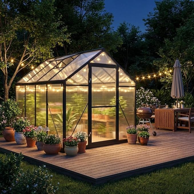 Garvee 6x8ft Walk-in Greenhouse, Heavy Duty Large Outdoor Green House | Polycarbonate Garden Greenhouse with Roof Vent, Lockable Outward-Opening Swing Door & Aluminium Frame for Backyard, Grey