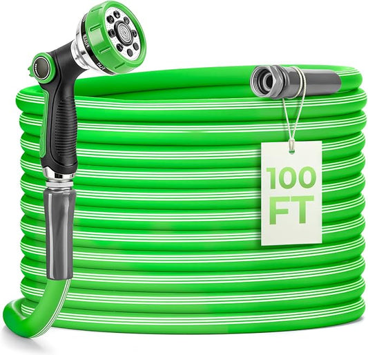 Garden Hose 100 Ft With 8-Pattern Spray Nozzle, 5/8" Lead-Free Water Hose | Flexible Hose With 3/4" Anodized Aircraft-Grade Aluminum Interface, Lightweight Water Pipe For Lawn, Yard, Outdoor
