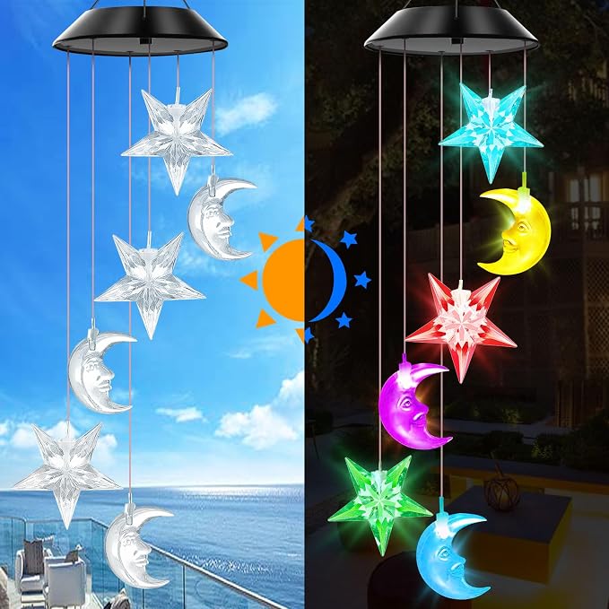 Solar Wind Chimes Outdoor Color Changing Lights, Gift for Women Mom Grandma Sister Best Gifts, Wind Chimes Unique Outdoor Garden Yard Decor (Star and Moon)