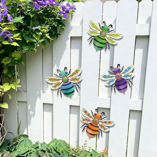 VOKPROOF Metal Bee Wall Art Decor, Outdoor Fence Decor for Patio Yard Garden, Hanging Decorations for Living Room, Bedroom(4 Pack)