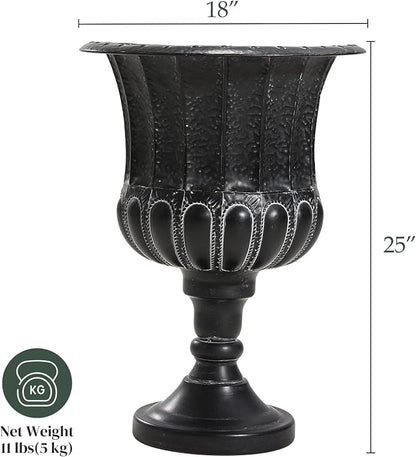 Worth Garden 25" H. Metal Urn Planters 1-Pack - Black Classic Antique Iron Plant Pots - Large Decorative Rustic Flower Pots for Outdoor Use - Traditional Urn Planter for Patio, Front Porch