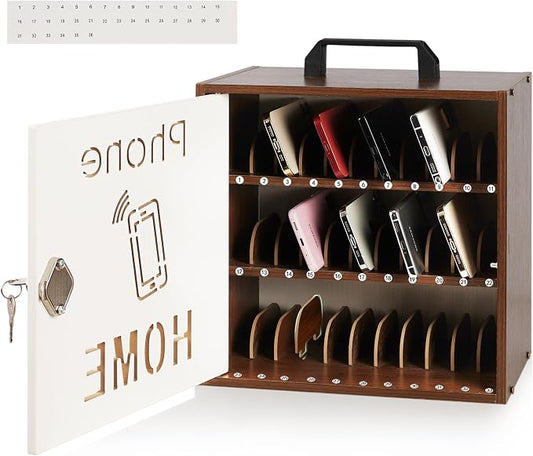 Echaprey Cell Phone Holder Classroom Adjustable 33 Slots Pocket Chart Wooden Cell Phone Storage Cabinet with Handle and Lock Desktop Cell Phone Holder for Classroom Office (Black Walnut)