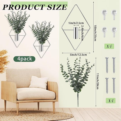 Jexine 4 Pcs Hanging Planters with Artificial Eucalyptus Metal Hanging Vase Indoor Plants Holder Modern Geometric Boho Bathroom Wall Decor for Living Room Home Office (Eucalyptus,Silver)
