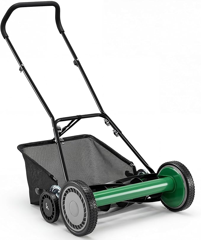 IRONMAX 18 Inch 5-Blade Push Reel Lawn Mower, 9-Level Adjustable Cutting Heights, Removable Grass Catcher, Lightweight No Motor Walk-Behind Manual Grass Cutter for Garden Yard Park (Green, 18 Inch)