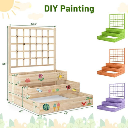 Giantex 3-Tier Raised Garden Bed with Trellis and 3 Planter Boxes, Outdoor Open-Ended Wood Raised Bed for Planting and Vines Flowers Vegetables Growing, 44"x45"x56"
