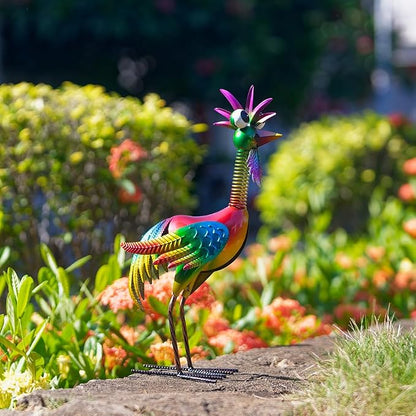 Metal Wacky Rooster Garden Statue for, Patio, Backyard, Lawn | 18'' Rooster Decor, Yard Statue Decorations Outdoor, Chicken Yard Art, Colorful