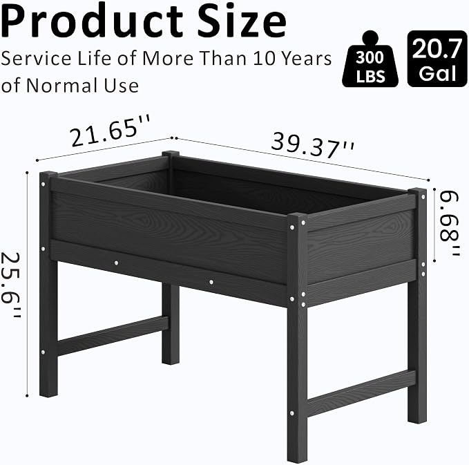 Raised Garden Bed Outdoor with Legs,HDPE Elevated Planter Box Rot-Resistant and Non-Cracking,Raised Beds for Gardening for Backyard, Patio, Balcony, 300lb Capacity Black