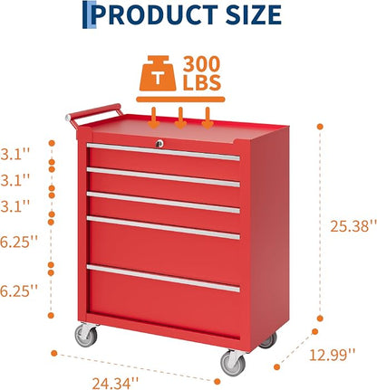 PeakPursuit 5-Drawers Rolling Tool Chest, Portable Tool Box with Wheels and Lock System, Secure Storage Cabinet for Warehouse, Workshop, and Repair Shop, Red
